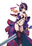  black_hair breasts fate/grand_order fate_(series) hair_ornament highres horns japanese_clothes navel short_hair shuten_douji_(fate/grand_order) sjh small_breasts sword thigh-highs weapon 