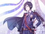  1boy armor black_gloves black_hair cape flower gloves japanese_armor kiringo kiwame_(touken_ranbu) male_focus military military_uniform necktie smile sode touken_ranbu uniform violet_eyes yagen_toushirou 