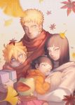  2boys 2girls absurdres ahoge blue_eyes dated family father_and_daughter father_and_son highres hood hoodie husband_and_wife hyuuga_hinata lavender_hair leaf looking_at_viewer mother_and_daughter mother_and_son multiple_boys multiple_girls naruto noeunjung93 scarf spiky_hair uzumaki_boruto uzumaki_himawari uzumaki_naruto whisker_markings whiskers 