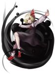  1girl :d ascot black_dress blonde_hair bobby_socks darkness dress fang frilled_shirt_collar frills full_body hair_ribbon highres loafers long_sleeves looking_at_viewer open_mouth outstretched_arms puffy_long_sleeves puffy_sleeves red_eyes red_ribbon red_shoes ribbon rumia shoes short_hair smile socks solo taku_(harajuku) touhou white_legwear 
