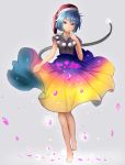  1girl alternate_costume barefoot blue_eyes blue_hair closed_mouth doremy_sweet dress full_body gradient_skirt hat houdukixx looking_at_viewer nightcap petals pom_pom_(clothes) short_hair short_sleeves smile solo standing tapir_tail touhou 