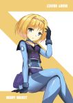  1girl aliter bangs blonde_hair blue_eyes bodysuit breasts gloves hairband heavy_object highres looking_at_viewer milinda_brantini short_hair small_breasts solo 