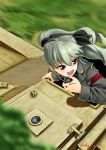  1girl abazu-red anchovy artist_name black_shirt blurry brown_eyes carro_veloce_cv-33 depth_of_field dress_shirt drill_hair girls_und_panzer green_hair grey_jacket ground_vehicle hair_ribbon highres holding long_hair long_sleeves military military_uniform military_vehicle motor_vehicle open_mouth radio ribbon shirt shoulder_belt signature smile solo tank twin_drills twintails twitter_username uniform wind 