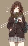  1girl bag blush brown_hair cardigan coffee coffee_cup cowboy_shot cup earphones earphones green_eyes green_scarf grey_skirt hair_over_one_eye hand_in_pocket highres holding holding_bag holding_cup long_hair looking_at_viewer necktie nose_blush parted_lips pleated_skirt scarf school_bag school_uniform shibuya_rin skirt solo standing star striped striped_background striped_necktie two-tone_background yamasuta 
