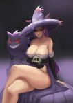  1girl arm_warmers atorot bare_shoulders breasts cleavage crossed_legs dragon&#039;s_crown duskull gengar hat highres large_breasts long_hair looking_at_viewer melissa_(pokemon) mismagius pokemon pokemon_(creature) pokemon_(game) purple_hair purple_hat sitting sketch smile sorceress_(dragon&#039;s_crown)_(cosplay) violet_eyes 