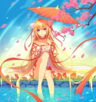  1girl absurdres barefoot blonde_hair blue_eyes cherry_blossoms choker dress frilled_choker frills highres lan_jue long_hair looking_at_viewer oriental_umbrella original petals sitting smile soaking_feet solo umbrella very_long_hair water white_dress 