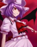  &gt;:) 1girl arm_garter ascot cowboy_shot frilled_shirt_collar frills from_side hat hat_ribbon kanokishi_(manjushage) looking_away mob_cap outstretched_arm puffy_short_sleeves puffy_sleeves purple_hair red_eyes red_ribbon remilia_scarlet ribbon shirt short_hair short_sleeves skirt skirt_set slit_pupils solo touhou white_shirt white_skirt wrist_cuffs 