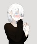  1boy black_sweater blue_eyes blush commentary_request earrings embarrassed erubo green_hair grey_background hair_between_eyes hand_to_own_mouth jewelry looking_down original short_hair simple_background solo sweatdrop sweater 
