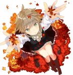  1girl :o arms_up ascot autumn autumn_leaves frilled_skirt frills from_above green_eyes highres kneehighs leaf looking_at_viewer looking_up maple_leaf mary_janes mazonano open_mouth original outstretched_arms playing shoes shoes_removed short_hair silver_hair sitting skirt skirt_set solo 