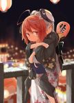  2girls ahoge alternate_costume bag bangs beize_(garbage) blonde_hair blurry blush bokeh carrying city_lights closed_eyes depth_of_field failure_penguin fan festival floral_print hair_bun hair_ornament highres holding holding_bag i-58_(kantai_collection) japanese_clothes kantai_collection kimono kinchaku lantern long_hair mask mask_on_head multiple_girls night obi outdoors paper_fan paper_lantern piggyback pink_hair ponytail railing red_eyes sash short_hair sleeping smile u-511_(kantai_collection) uchiwa yukata 