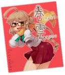  1girl ahoge blush character_name circle_name double_bun glasses kantai_collection long_hair long_sleeves looking_at_viewer makigumo_(kantai_collection) masha open_mouth pleated_skirt postage_stamp scarf skirt sleeves_past_wrists smile solo very_long_hair yellow_eyes yellow_scarf 