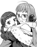  2girls doujima_nanako glasses headphones jacket long_hair monochrome multiple_girls open_mouth persona persona_4 persona_5 sakura_futaba twintails ueno_(heartbreakman) 