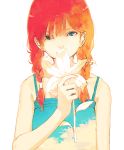  1girl arm_at_side bangs bare_legs blue_eyes braid commentary_request covered_mouth eyelashes flat_chest flower gradient hair_over_one_eye hair_over_shoulder highres holding holding_flower lily_(flower) long_hair looking_at_viewer minamito original redhead shade sky_print solo spaghetti_strap summer twin_braids twintails upper_body white_background white_flower 