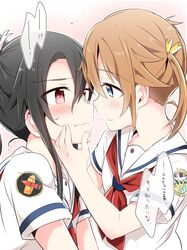  2girls badge black_hair blue_eyes brown_hair eye_contact hand_on_another&#039;s_chin high_school_fleet highres long_hair looking_at_another misaki_akeno multiple_girls munetani_mashiro ponytail red_eyes school_uniform serafuku short_hair translation_request twintails yasaka_shuu yuri 