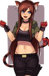  1girl :d animal_ears black_gloves blue_eyes borrowed_character bow breasts brown_hair choker cleavage clenched_hands cowboy_shot crop_top denim denim_shorts fangs fingerless_gloves gloves hikareki long_hair looking_at_viewer medium_breasts midriff navel open_mouth original panty_straps red_bow shorts smile solo stomach strapless tail tail_bow tiger_ears tiger_girl tiger_tail tubetop whisker_markings 