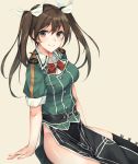  1girl asymmetrical_legwear brown_hair hair_between_eyes hair_ribbon highres kantai_collection long_hair no_panties pelvic_curtain remodel_(kantai_collection) ribbon rinarisa side_slit single_thighhigh smile solo tabard thigh-highs tone_(kantai_collection) twintails 