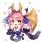  1girl animal_ears asahina_hikage bare_shoulders breasts brown_eyes chibi cleavage commentary fang fate/extra fate_(series) fox_ears fox_tail hair_ribbon long_hair looking_at_viewer open_mouth pink_hair ribbon solo tail tamamo_(fate)_(all) tamamo_no_mae_(fate) 