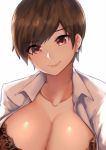  1girl black_bra bra breasts brown_hair cleavage collarbone earrings highres jewelry large_breasts light_smile looking_at_viewer norman_maggot office_lady original short_hair simple_background solo underwear upper_body white_background 