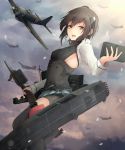  1girl aircraft airplane bike_shorts bow_(weapon) breasts brown_eyes brown_hair crossbow flight_deck headband headgear highres jenson_tw kantai_collection open_mouth sideboob small_breasts solo taihou_(kantai_collection) thigh-highs weapon 