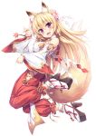  1girl absurdres animal_ears baggy_pants bangs bare_shoulders blonde_hair blush bracelet commentary_request covered_nipples detached_sleeves fang flower fox_ears fox_tail from_side hair_flower hair_ornament high_heels highres jewelry kokutou_(kazuakifca) long_hair looking_at_viewer looking_to_the_side open_mouth original pants red_eyes sandals simple_background smile solo tabi tail white_background wide_sleeves 