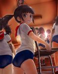  6+girls ass back black_hair blush brown_eyes buruma carrying chair commentary_request from_behind gym_uniform higashi_tarou highres indoors long_hair looking_at_viewer looking_back multiple_girls open_mouth original shirt short_hair short_sleeves smile solo_focus twintails 