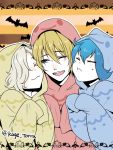  3boys bat blonde_hair blue_eyes blue_hair cheek-to-cheek closed_eyes ghost_costume gokotai hair_over_one_eye halloween hood jack-o&#039;-lantern kagetora male_focus multiple_boys one_eye_closed open_mouth sayo_samonji sleeves_past_wrists smile touken_ranbu twitter_username white_hair yamanbagiri_kunihiro 