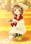  1girl :d argyle argyle_legwear autumn autumn_leaves brown_eyes brown_hair cupping_hands hat highres loafers open_mouth original plaid plaid_shirt rin2008 seed shirt shoes short_hair smile solo squatting sweater 