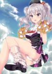  1girl ass blue_eyes breasts cheerleader clouds cloudy_sky crop_top fukuda_shuushi highres kantai_collection kashima_(kantai_collection) long_hair loose_socks open_mouth panties pantyshot pom_poms silver_hair sky smile socks solo thighs twintails underwear wavy_hair 