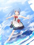 1girl bangs barefoot blouse blue_dress blue_hair bow clouds cloudy_sky dress from_above full_body hinanawi_tenshi large_bow long_hair looking_at_viewer no_hat no_headwear open_mouth puffy_short_sleeves puffy_sleeves red_bow red_eyes reflection ripples running short_sleeves sky smile solo tetsurou_(fe+) touhou wading white_blouse wing_collar 