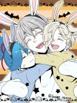  3boys ^_^ animal_ears bat blue_hair closed_eyes fake_animal_ears gokotai halloween hug jack-o&#039;-lantern kagetora male_focus multiple_boys open_mouth ponytail rabbit_ears sayo_samonji smile touken_ranbu tsurumaru_kuninaga twitter_username white_hair 