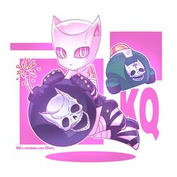  artist_name bomb fuse gloves highres jojo_no_kimyou_na_bouken killer_queen no_humans pink_eyes purple_gloves sheer_heart_attack skull stand_(jojo) watermelonowl 