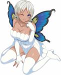  bare_shoulders blue_eyes boots breasts butterfly_wings cleavage dark_skin dress elbow_gloves eyebrows eyebrows_visible_through_hair fingerless_gloves full_body gloves highres kure_masahiro large_breasts looking_at_viewer one_eye_closed patti_runt short_hair silver_hair simple_background sitting smile solo strapless strapless_dress thigh-highs thigh_boots valkyrie_drive valkyrie_drive_-siren- wariza white_background white_gloves white_legwear wings 