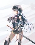  1girl aoi_kao_(lsz7106) armor armored_boots blue_eyes boots earrings from_side garter_straps gauntlets helmet highres jewelry log_horizon long_hair reinesia_el_arte_cowen silver_hair solo sword weapon 