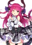  1girl ;p asymmetrical_horns bare_shoulders blue_eyes blush fate/extra fate/extra_ccc fate/grand_order fate_(series) hair_ribbon heart heart_of_string highres hilo_(joy_hero) horns lancer_(fate/extra_ccc) long_hair one_eye_closed pink_hair plaid plaid_skirt pointy_ears ribbon skirt sparkle tail tail_ribbon tongue tongue_out twintails 