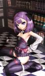  1girl a00 bare_shoulders black_legwear book checkered checkered_floor detached_sleeves fate/grand_order fate_(series) helena_blavatsky_(fate/grand_order) highres looking_at_viewer purple_hair short_hair sitting smile solo strapless thigh-highs violet_eyes wariza 