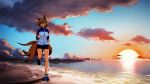  2girls :d alternate_costume animal_ears beach bike_shorts blonde_hair blue_eyes blue_shoes chromatic_aberration clenched_hands clouds cloudy_sky commentary_request contemporary footprints fox_ears fox_tail full_body jacket kinketsu kyuubi long_sleeves multiple_girls multiple_tails no_hat no_headwear open_mouth running shoes short_hair sky smile sneakers solo_focus sunset tail touhou track_jacket yakumo_ran yakumo_yukari yin_yang 