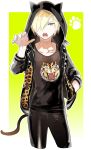  1boy :o animal_hood blonde_hair cat_hood cat_tail green_eyes hair_over_one_eye hand_in_pocket highres hood hoodie male_focus mosu2 paw_print tail yuri!!!_on_ice yuri_plisetsky 