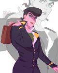  1boy bag black_hair bookbag chromatic_aberration earrings gakuran heart higashikata_jousuke highres jewelry jojo_no_kimyou_na_bouken lara_margarida lips male_focus pin pompadour school_uniform signature solo stud_earrings violet_eyes zoom_layer 