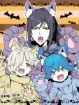  3boys animal_ears bat black_hair blue_eyes blue_hair fake_animal_ears gloves gokotai hair_over_one_eye halloween jack-o&#039;-lantern kagetora male_focus multiple_boys open_mouth paw_gloves ponytail sayo_samonji tarou_tachi touken_ranbu twitter_username white_hair wolf_ears yellow_eyes 