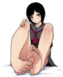  1girl bare_legs barefoot black_hair brown_eyes feet highres original pleated_skirt satou_(su9arsatou) school_uniform serafuku short_hair sitting skirt soles solo toes white_background 