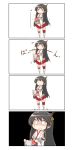  &gt;_&lt; 1girl 4koma absurdres black_hair chibi closed_eyes comic commentary_request copyright_request detached_sleeves fusou_(kantai_collection) hair_ornament highres japanese_clothes kantai_collection long_hair miniskirt nanakusa_nazuna nontraditional_miko red_skirt skirt translation_request trembling 