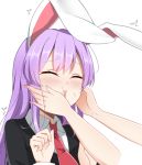  /\/\/\ 1girl animal_ears black_jacket blazer blush cheek_squash closed_eyes commentary_request hair_between_eyes hands_on_another&#039;s_cheeks hands_on_another&#039;s_face jacket long_hair necktie open_mouth purple_hair rabbit_ears red_necktie reisen_udongein_inaba simple_background sweat touhou upper_body white_background wing_collar xialuluo_(sharuro) 