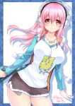  1girl blush breasts headphones highres large_breasts long_hair looking_at_viewer nitroplus pink_hair pom_pom_(clothes) red_eyes shibi smile solo super_sonico 