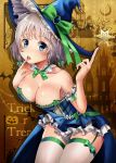  1girl alternate_costume arm_strap bad_hands blue_eyes braid breasts dress finger_licking frills garter_straps hair_ribbon halloween hat index_finger_raised izayoi_sakuya large_breasts leaning_forward licking off-shoulder_dress off_shoulder ribbon scarlet_devil_mansion shiny shiny_skin short_dress short_hair silver_hair skindentation striped striped_dress thigh-highs thighs tongue tongue_out touhou tress_ribbon twin_braids uemura_shun white_legwear witch_hat 