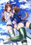  2girls :d ^_^ ass blush bow brave_witches breasts brown_eyes brown_hair closed_eyes clouds flying hair_bow hair_ornament hairclip highres holding_hands karibuchi_hikari karibuchi_takami long_hair long_sleeves military military_uniform multiple_girls open_mouth school_swimsuit shiny shiny_clothes shiny_hair short_hair siblings sisters sky smile striker_unit swimsuit swimsuit_under_clothes swordsouls tail uniform wind world_witches_series 