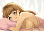  1girl :d bangs bed blanket blunt_bangs breasts brown_hair granblue_fantasy hair_down juliet_(granblue_fantasy) kurosawa_shouichi lying medium_breasts nude on_bed on_stomach open_mouth pillow smile solo violet_eyes 