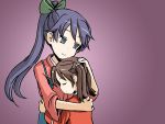  1girl adrian_ferrer bow brown_eyes brown_hair closed_eyes gradient gradient_background grey_eyes hair_bow hair_tie height_difference high_ponytail houshou_(kantai_collection) hug japanese_clothes kantai_collection kariginu purple_hair ryuujou_(kantai_collection) smile 