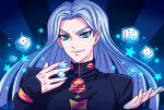  1boy @_@ artist_name dice earrings gakuran green_eyes hazekura_mikitaka jewelry jojo_no_kimyou_na_bouken long_hair male_focus pointy_ears school_uniform silver_hair smile solo star stud_earrings upper_body watermelonowl 