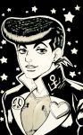  1boy anchor_symbol earrings gakuran heart higashikata_jousuke ink_(medium) jewelry jojo_no_kimyou_na_bouken male_focus monochrome peace_symbol pin pompadour school_uniform smile solo star starry_background stud_earrings traditional_media upper_body zipper zombiedaisuke 