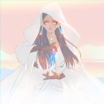  1girl alternate_costume artist_name brown_hair casual closed_mouth dark_skin dress earrings eyelashes forehead_jewel headgear hologram hood hooded_dress jewelry krusier long_hair looking_at_viewer necklace orange_eyes overwatch pink_lips signature solo symmetra_(overwatch) upper_body white_dress 